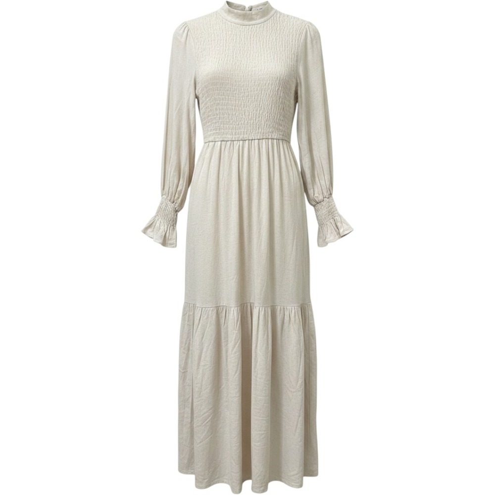 Zahraa The Label Modest Smocked Mock Neck Maxi Dress Flax Blend Beige Size S